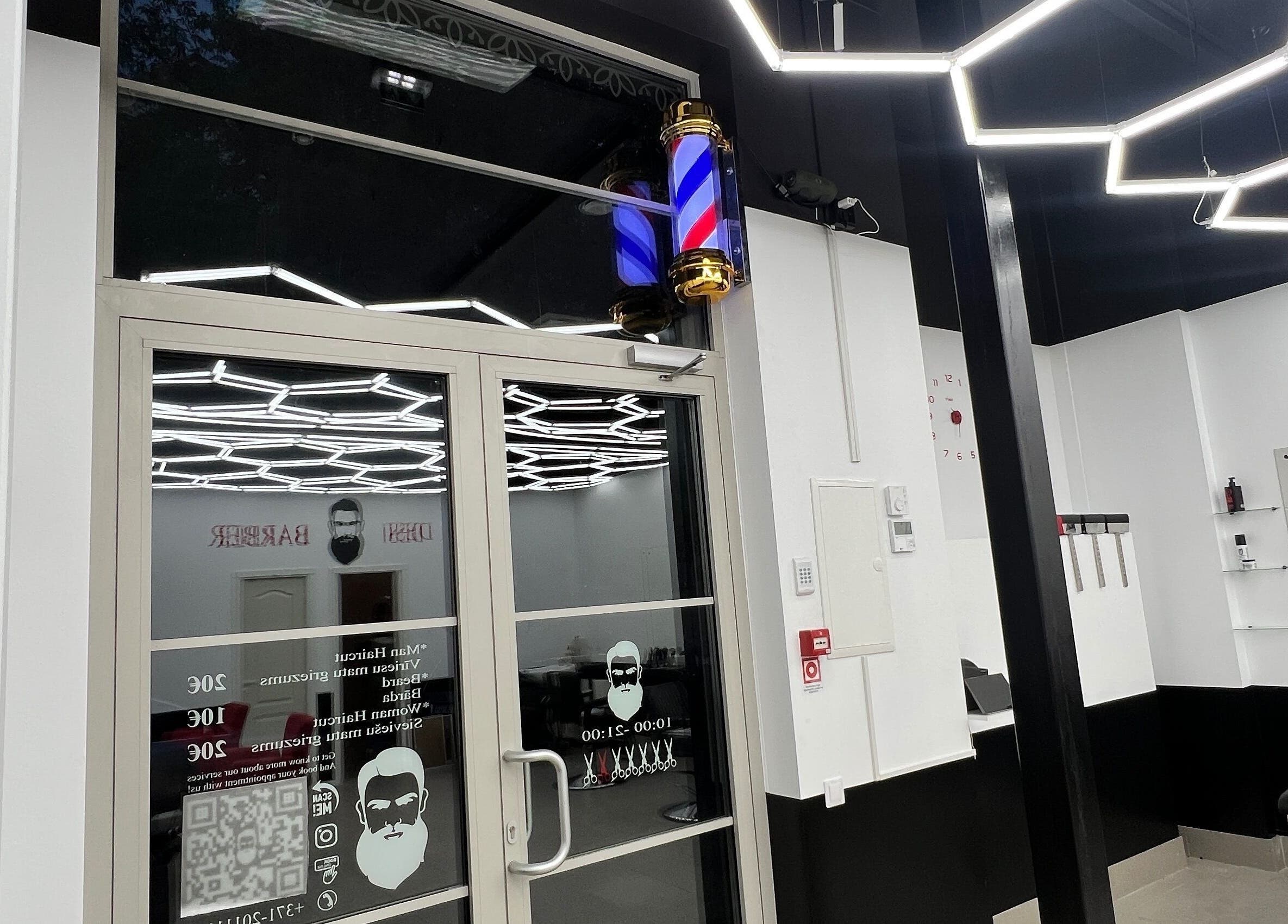 Entrance to Desi (Āgenskalna Tirgus) barber shop with modern decor, Rīga, LV.