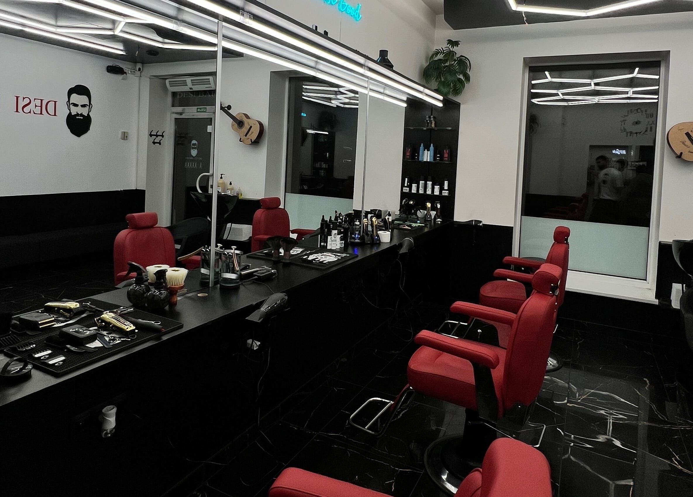 Modern barber chairs and grooming tools at Desi (Aleksandra Caka) in Rīga, LV.