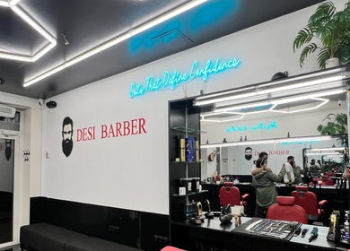 Modern interior of Desi Barber at Aleksandra Caka, Rīga, LV featuring sleek design and grooming tools.