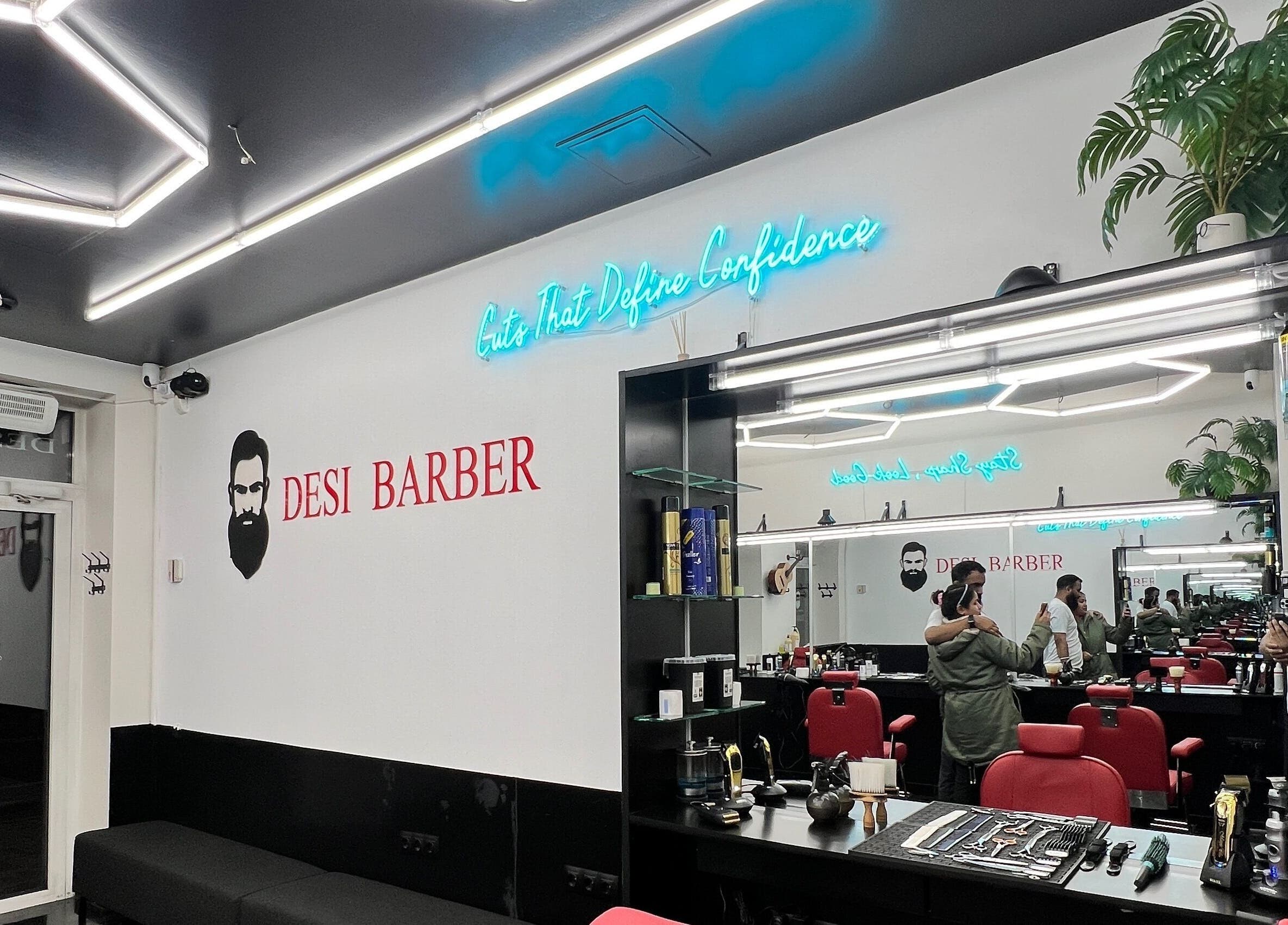 Modern interior of Desi Barber at Aleksandra Caka, Rīga, LV featuring sleek design and grooming tools.