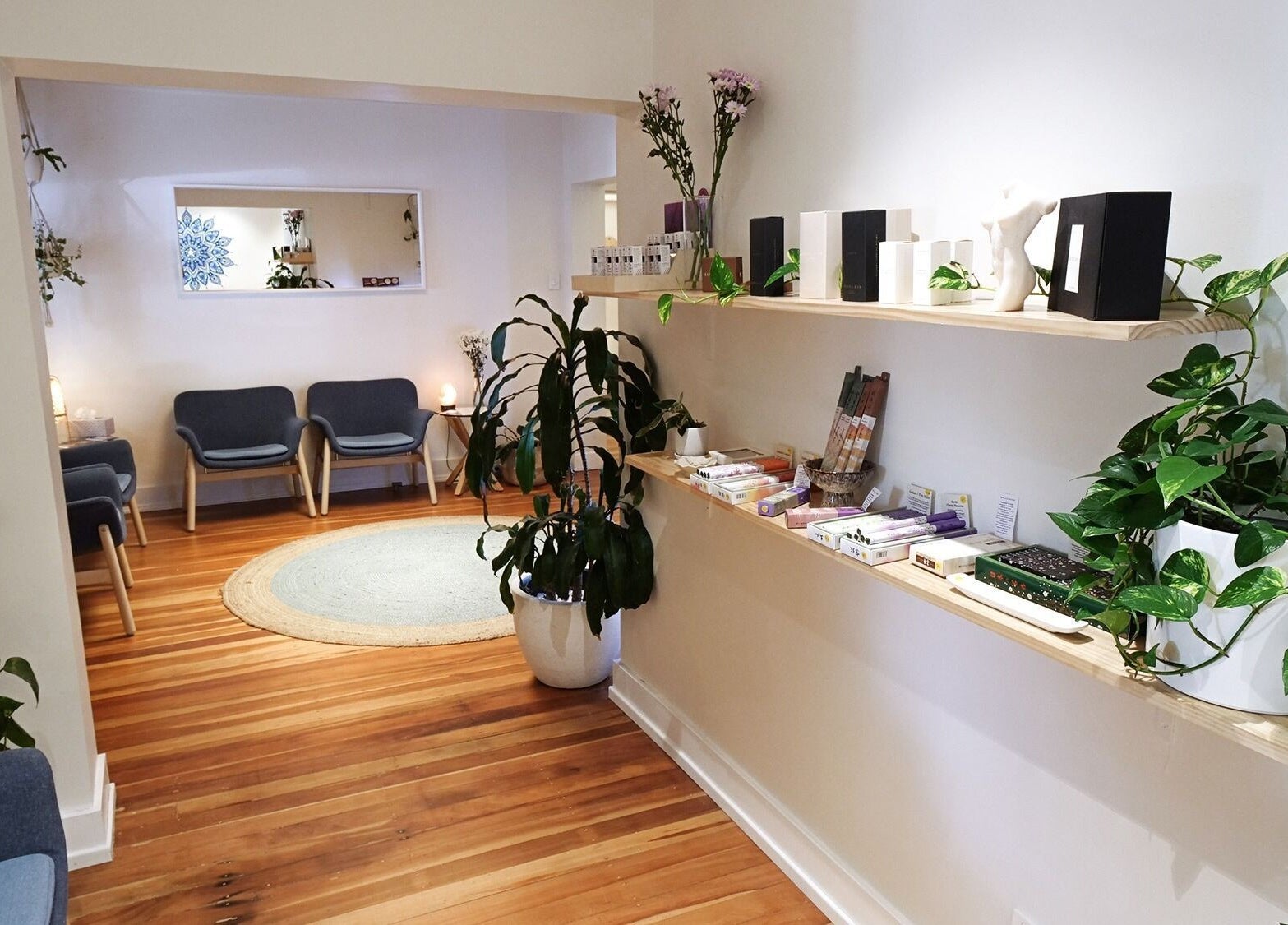 Cozy waiting area in Akasha Integrative Health, Manly, New South Wales, AU, with plants and minimalist decor.