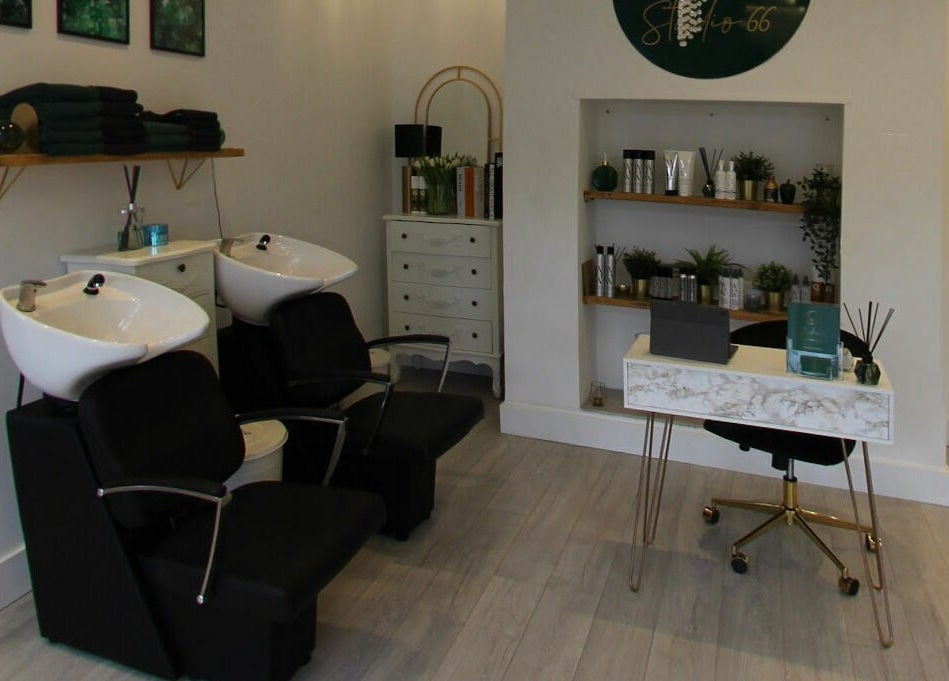 Elegant interior of Studio 66 in Broxbourne, England, featuring hair wash stations and a stylish decor.