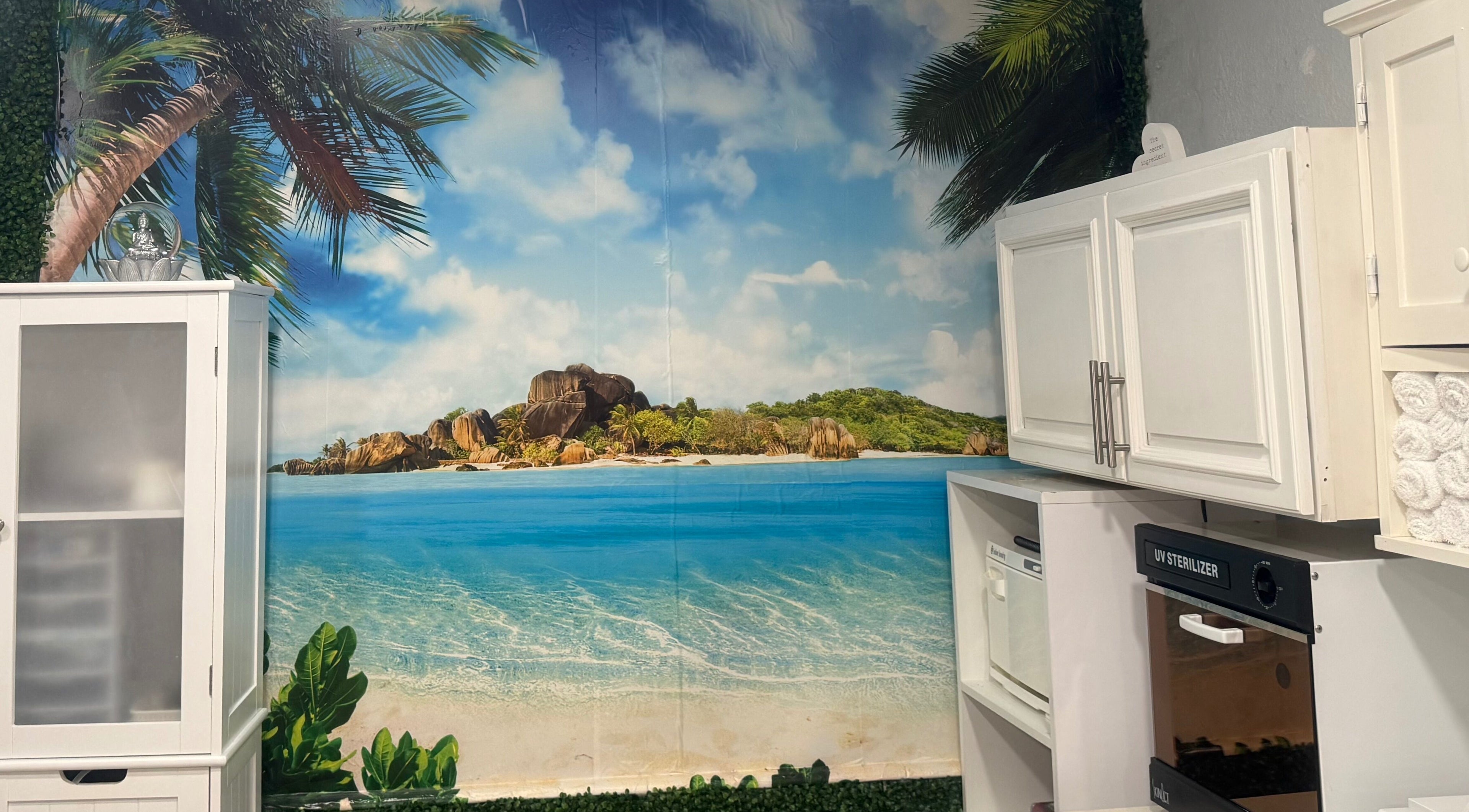 Inalvis Oasis Spa in Fort Myers, Florida; tropical beach scene with palm trees and ocean mural.