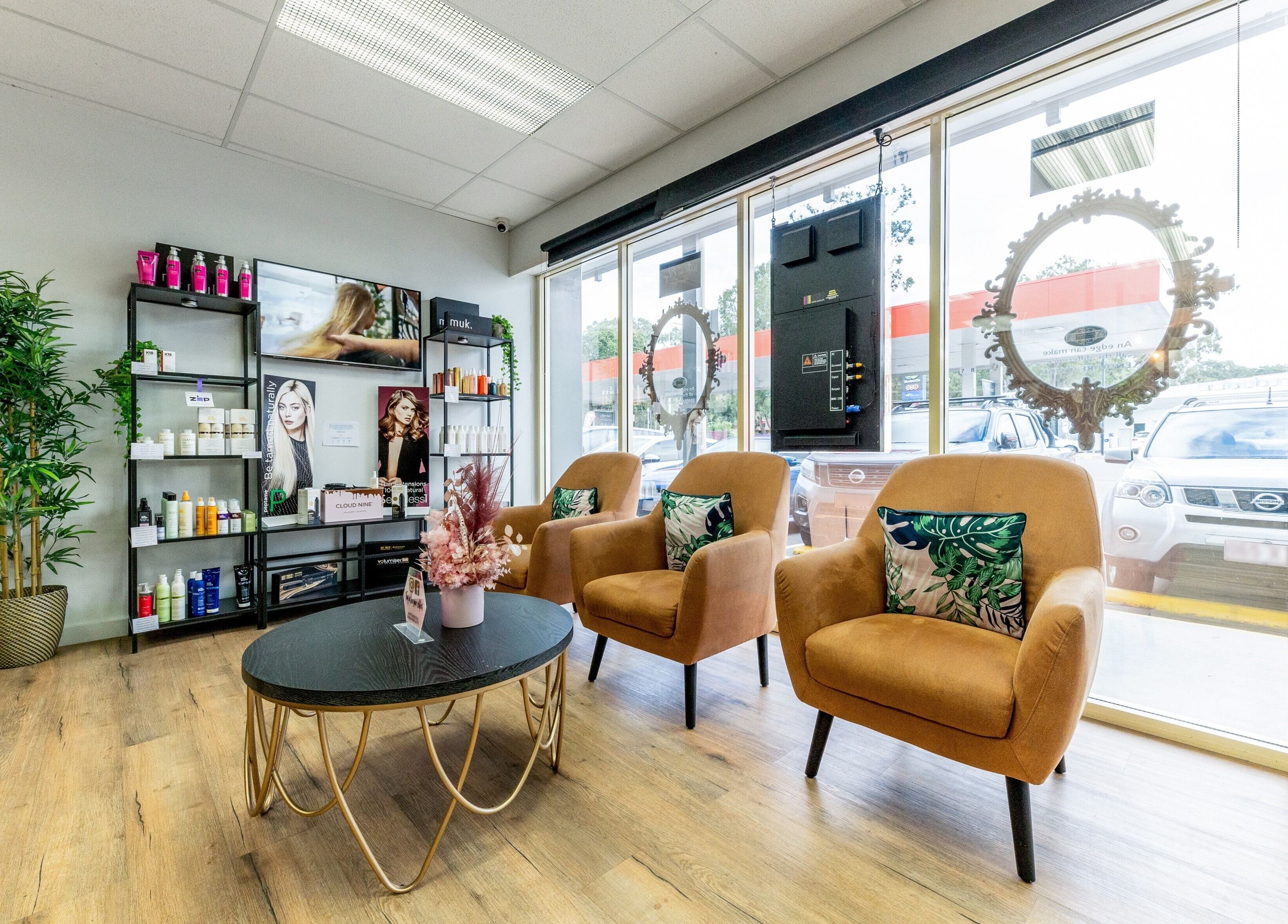 Stylish waiting area at With an Edge Hair, Beauty and Head Spa Ormeau, Ormeau, Queensland, AU.