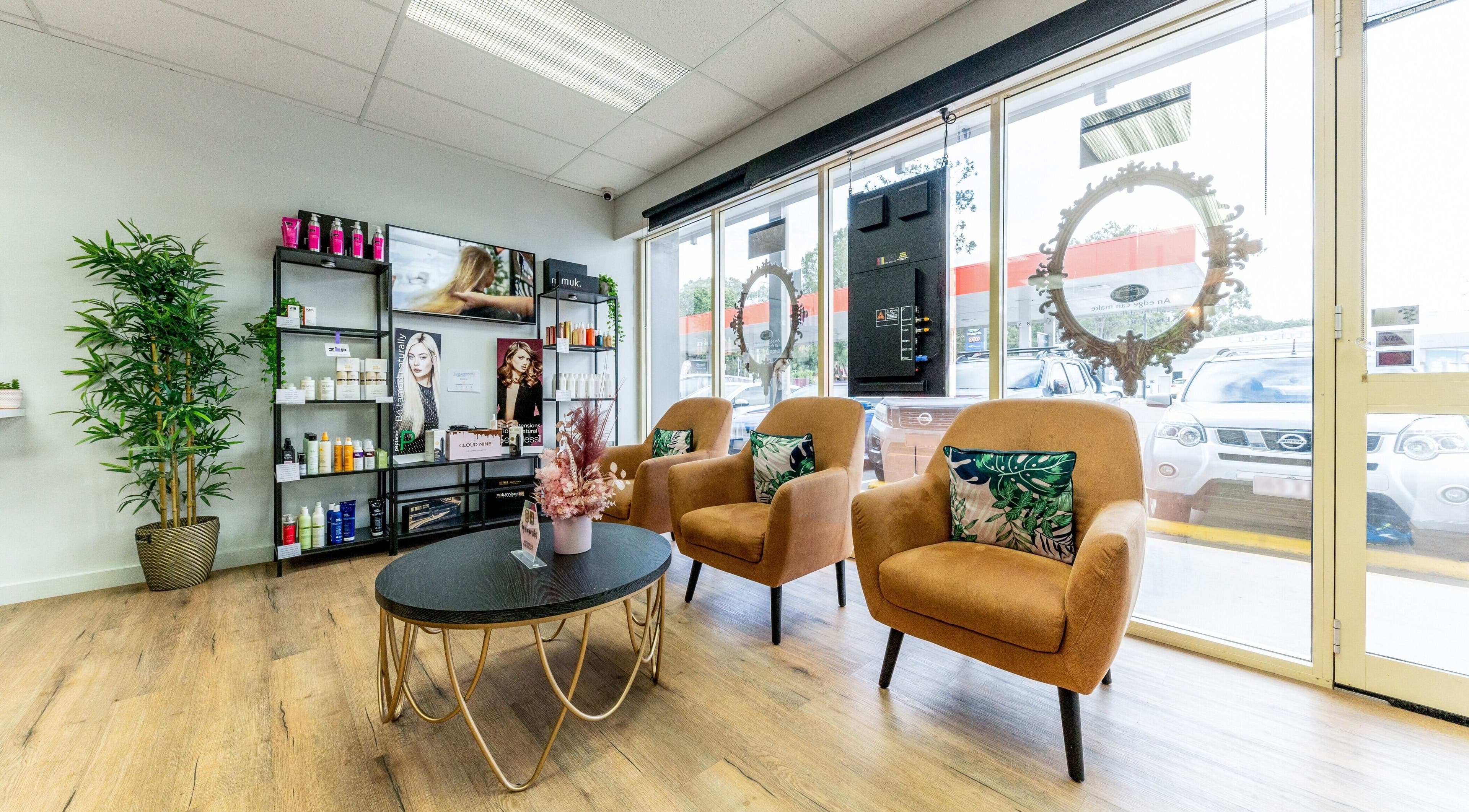 Stylish waiting area at With an Edge Hair, Beauty and Head Spa Ormeau, Ormeau, Queensland, AU.