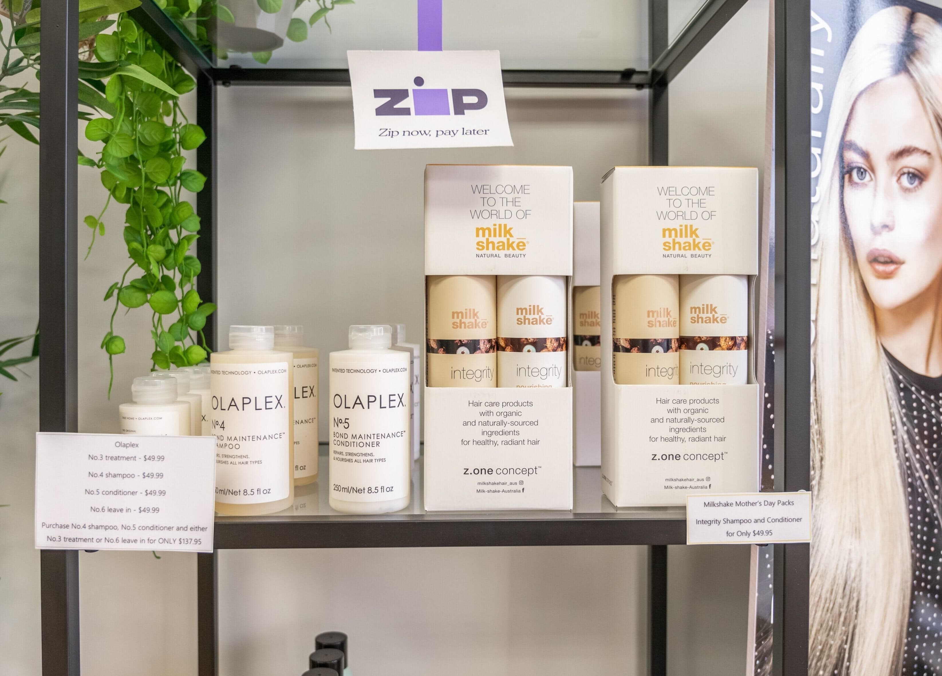 Hair care products on display at With an Edge Hair, Beauty and Head Spa Ormeau in Ormeau, Queensland, AU.