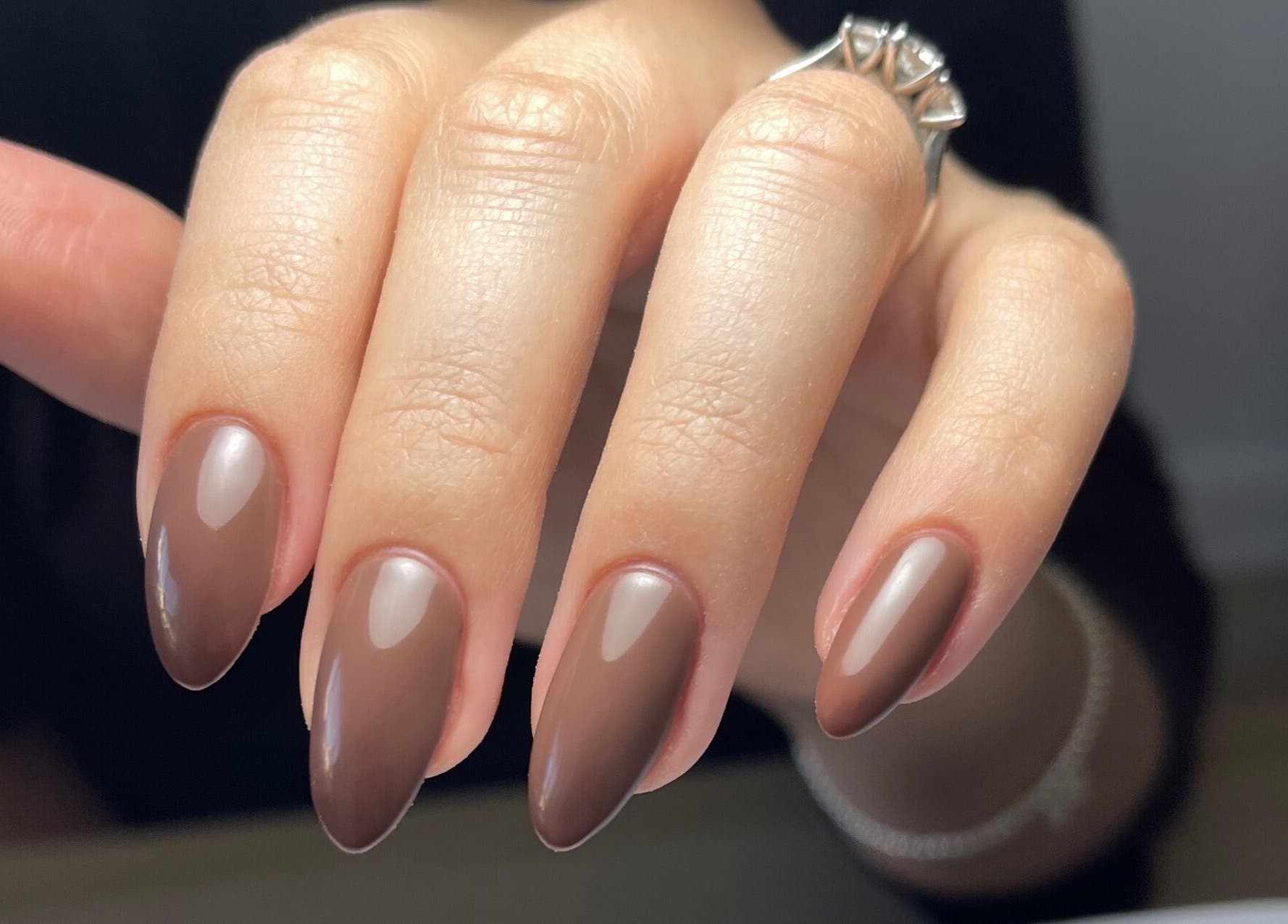 Stylish brown almond nails at Nails by Alexandrea, Bonnyrigg, Scotland, GB.