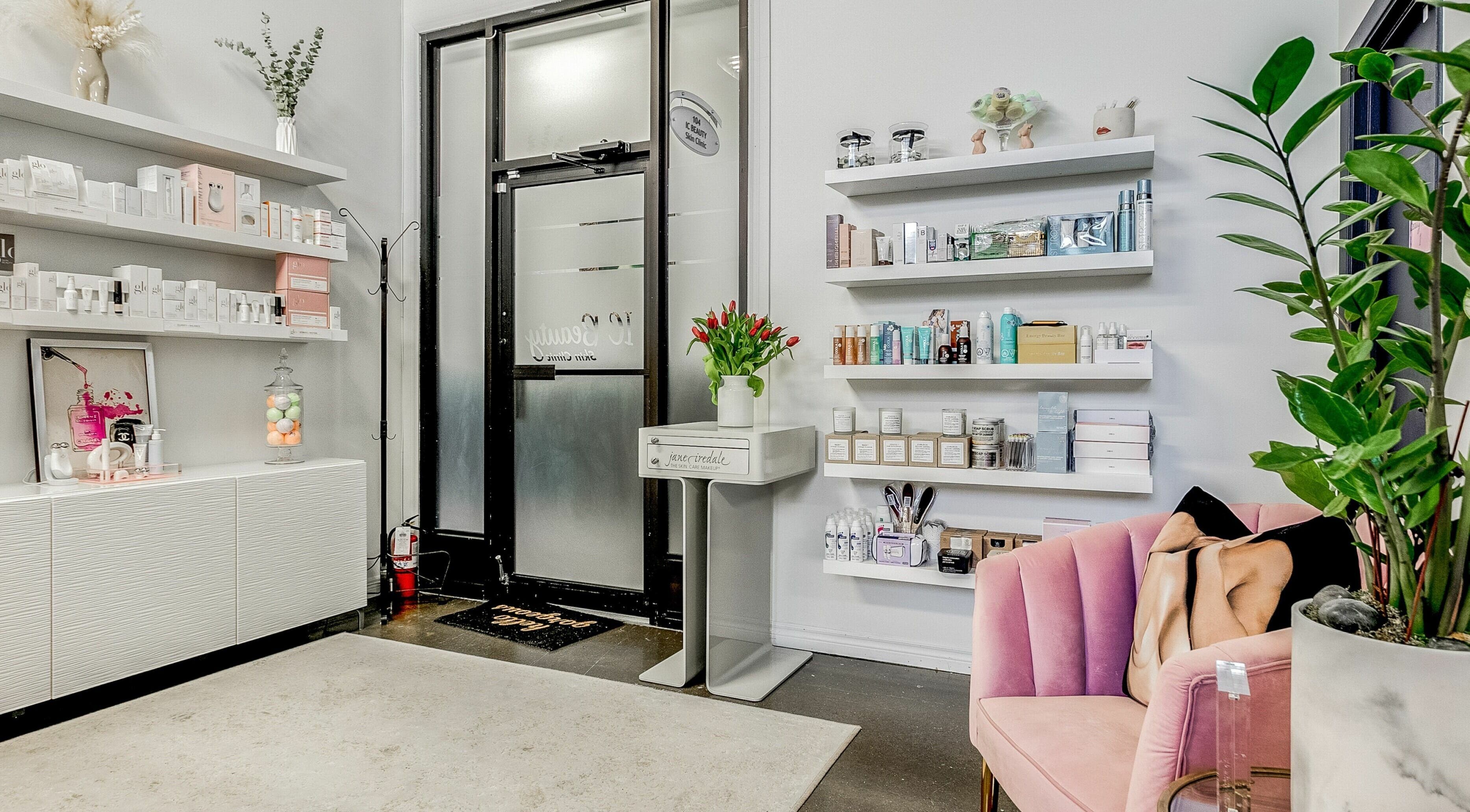 Modern IC Beauty Skin Clinic lounge with stylish decor and products in Toronto, Ontario, CA.