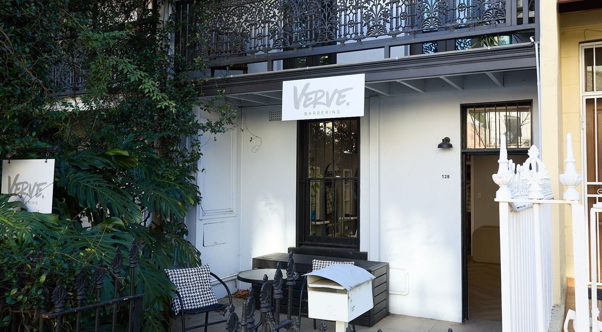 Verve Barbering - Surry Hills entrance with lush greenery on a quiet street in Surry Hills, New South Wales, AU.