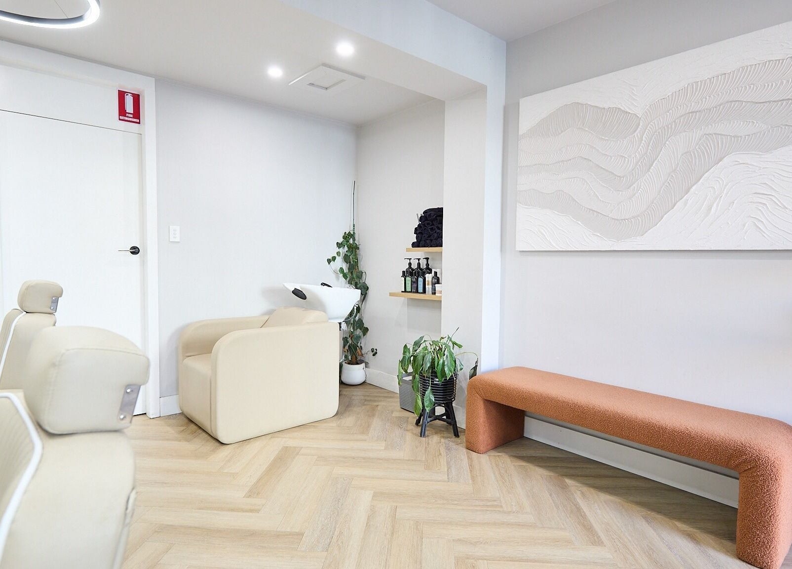 Modern interior of Verve Barbering - Surry Hills with stylish seating in Surry Hills, New South Wales, AU.
