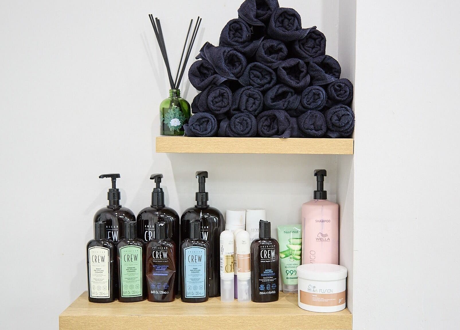 Verve Barbering - Surry Hills grooming products neatly displayed. Surry Hills, New South Wales, AU.