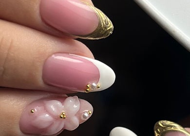 Intricate nail art with gold accents at MKM Beauty, Lancaster, England, GB, showcasing elegant craftsmanship.