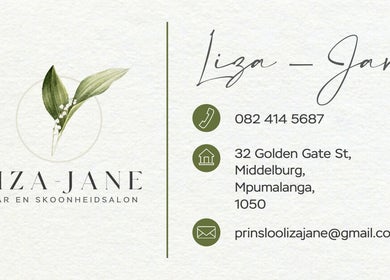 Contact card for Liza-Jane Haar en Skoonheid Salon, Middelburg, Mpumalanga, ZA with a leaf design.