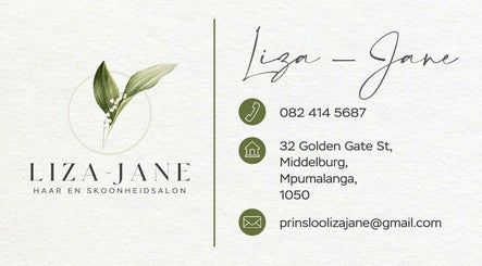 Contact card for Liza-Jane Haar en Skoonheid Salon, Middelburg, Mpumalanga, ZA with a leaf design.