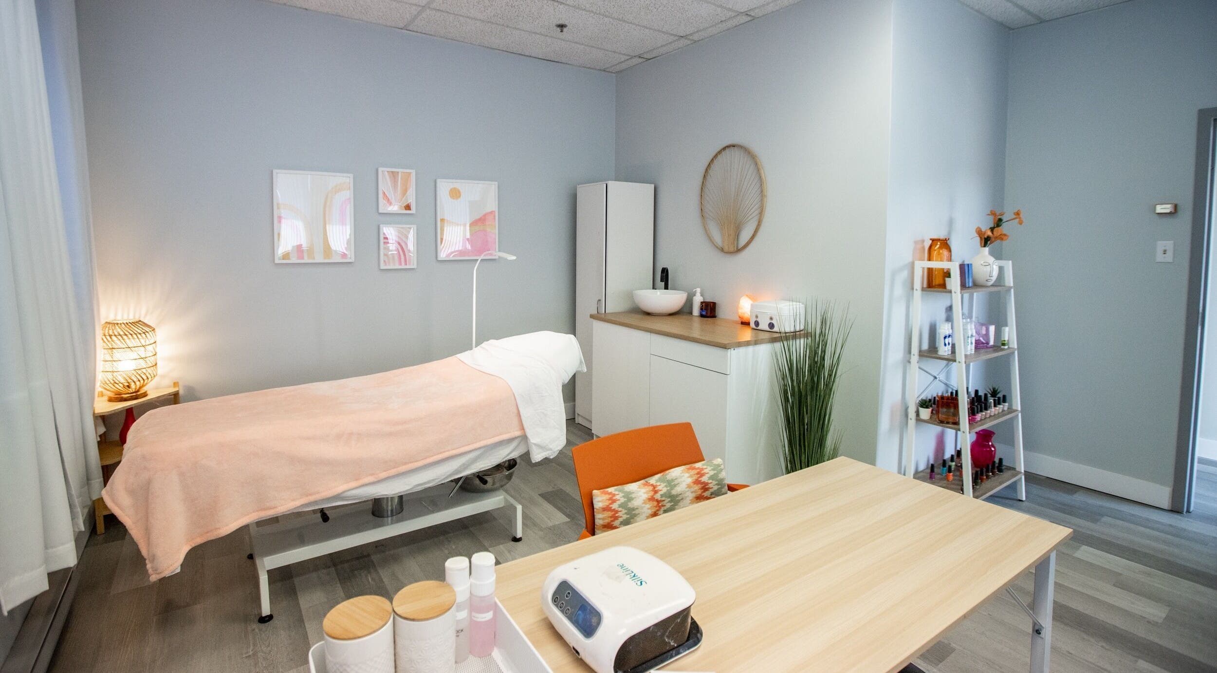 Cozy treatment room at Amanda Esthetics in Bedford, Nova Scotia, CA with calming decor and skincare essentials.