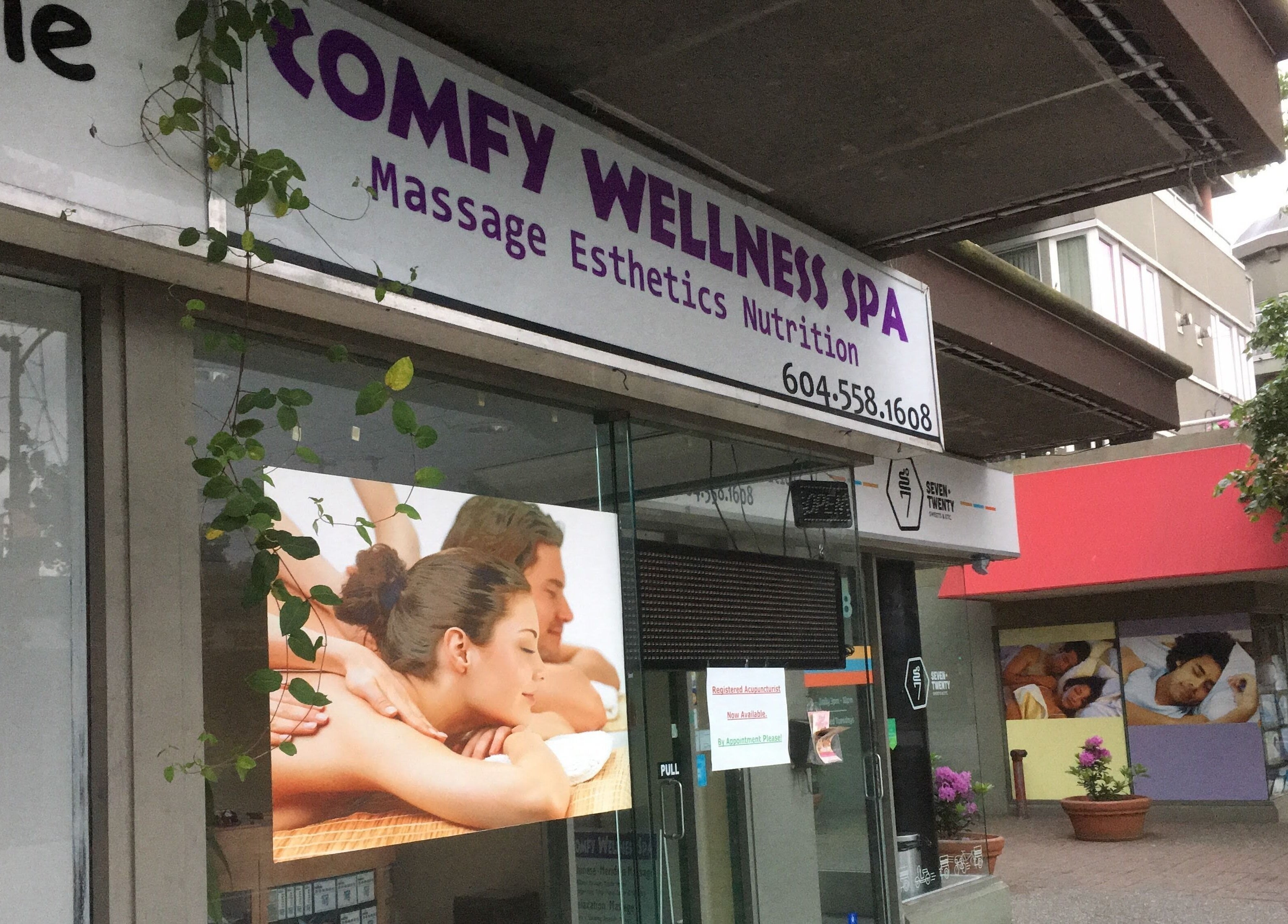 Comfy Spa exterior view, offering massage and esthetic services in Vancouver, British Columbia, CA.