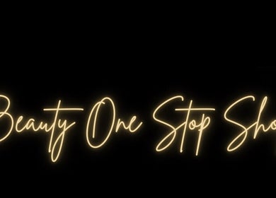BeautyOneStopShop neon logo at Romford, England, GB. Elegant script in glowing light on dark background.