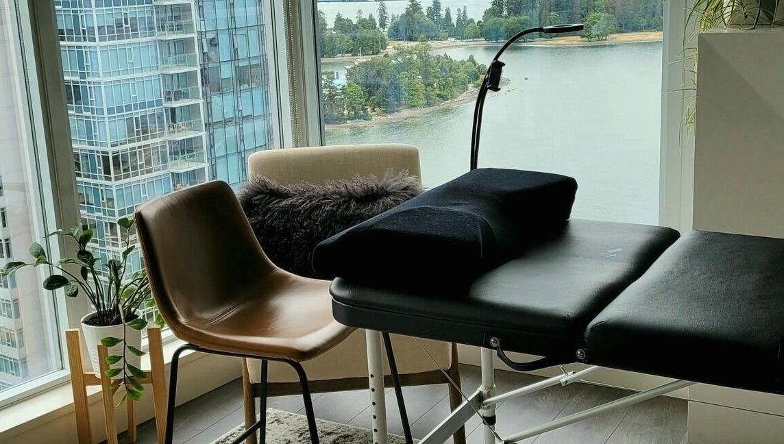 Relaxing lash extension setup at Eye Love Lashes YVR - Mobile in Vancouver, British Columbia, CA with stunning skyline view.