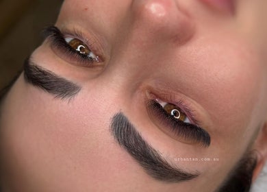 Close-up of styled brows and lashes at Urban Tan Lash & Beauty, Maroochydore, Queensland, AU.