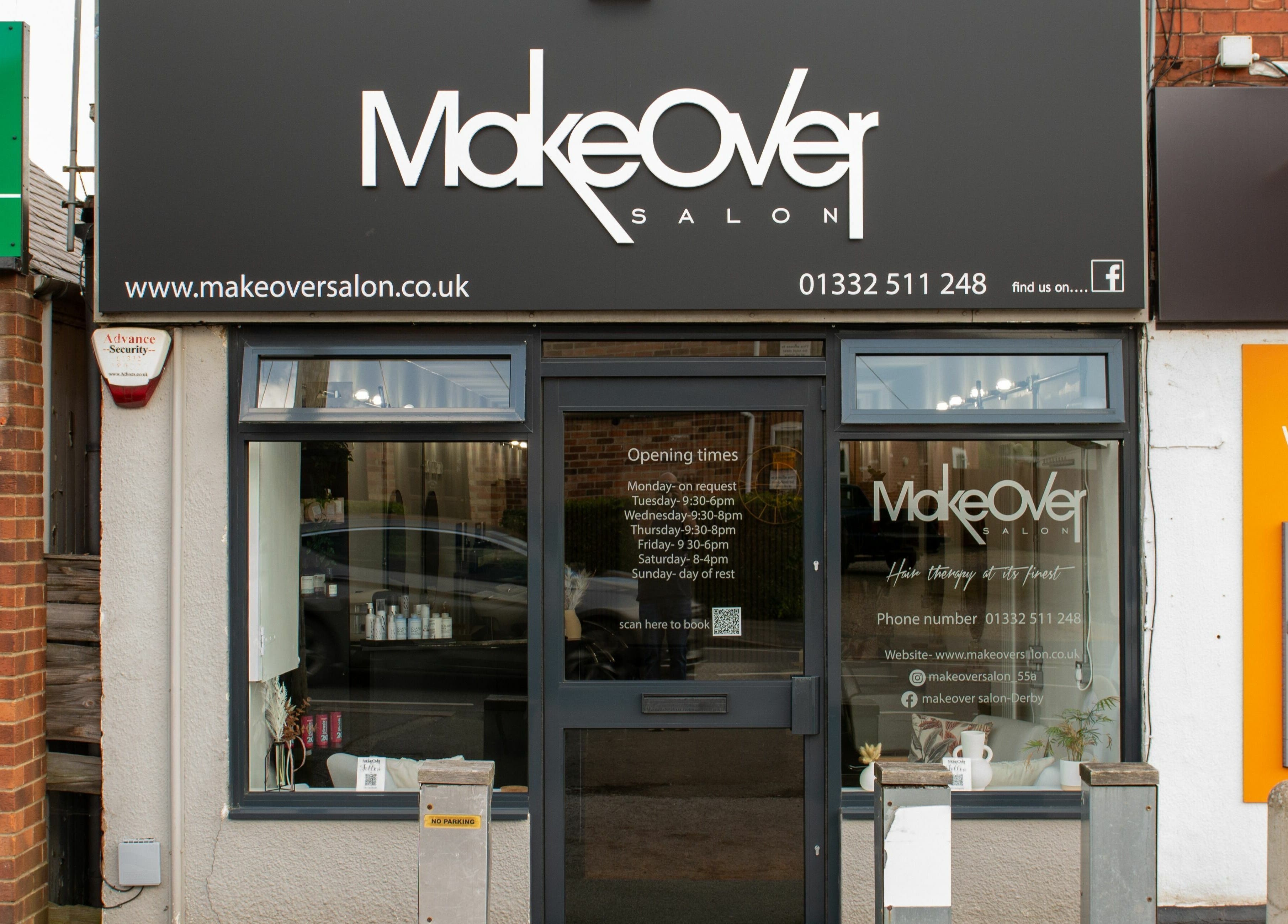 Entrance of Makeover Salon, Derby, England, GB, showcasing a modern exterior design.