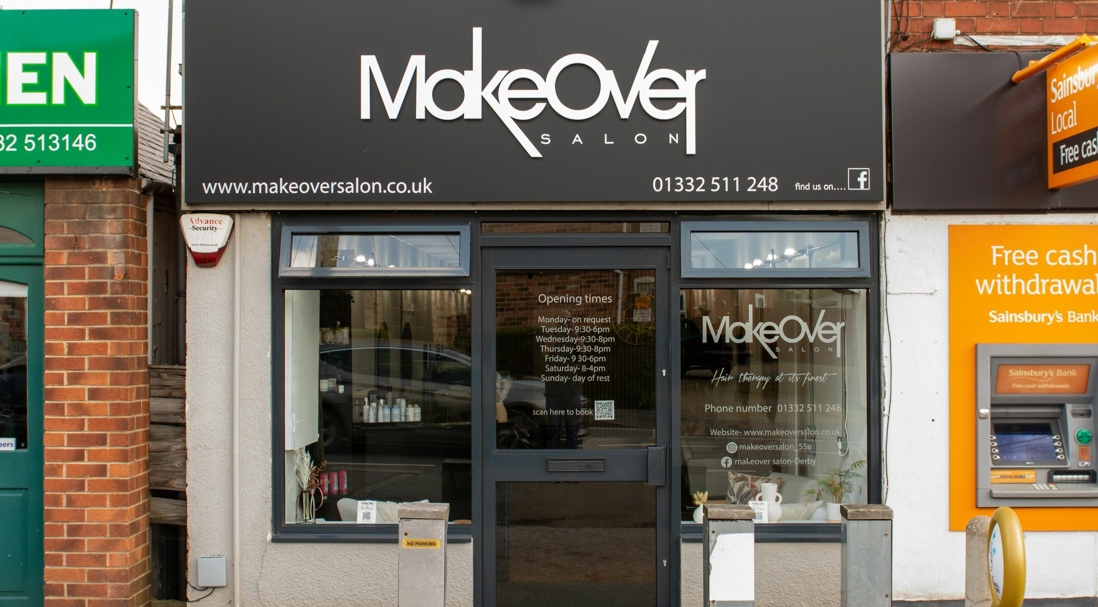 Entrance of Makeover Salon, Derby, England, GB, showcasing a modern exterior design.