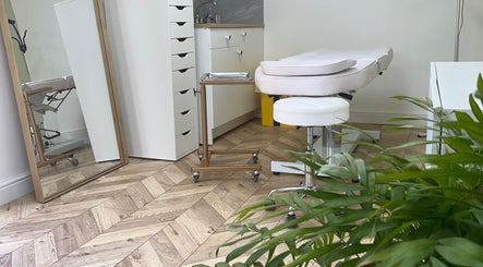 Calm treatment room at Arched and Dangerous Aesthetics, Dinas Powys, Wales, GB, with a lush plant and modern decor.