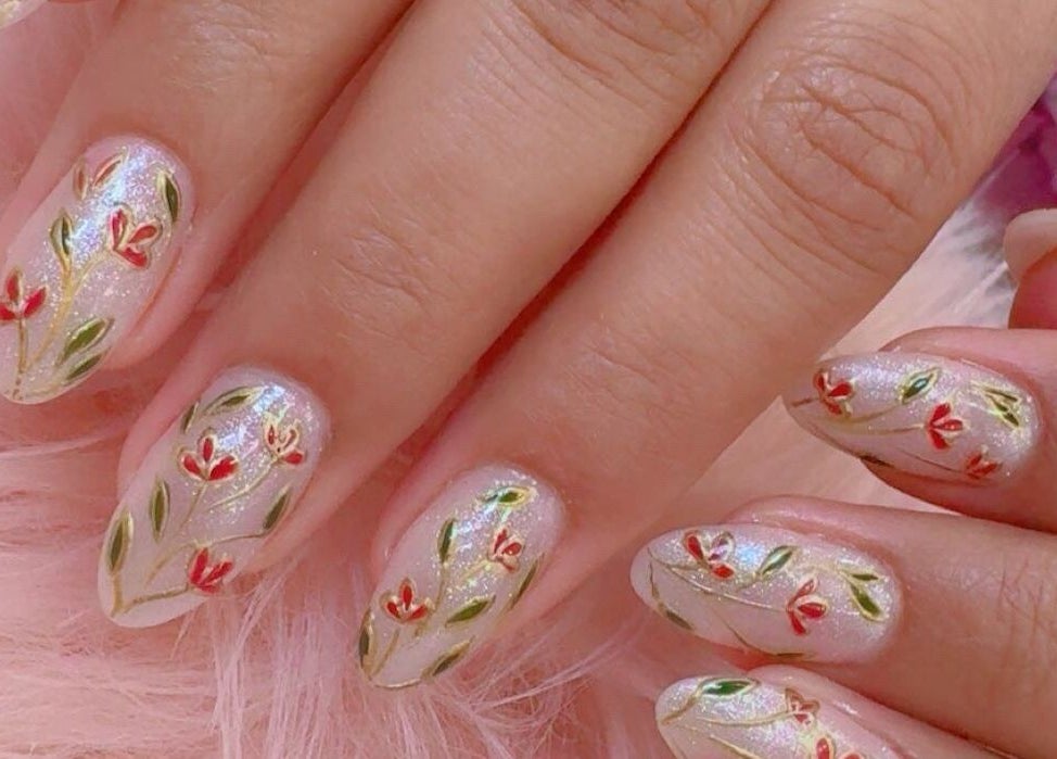 Elegant floral nail art at Beauty with Grace Rolleston in Rolleston, Canterbury, NZ.
