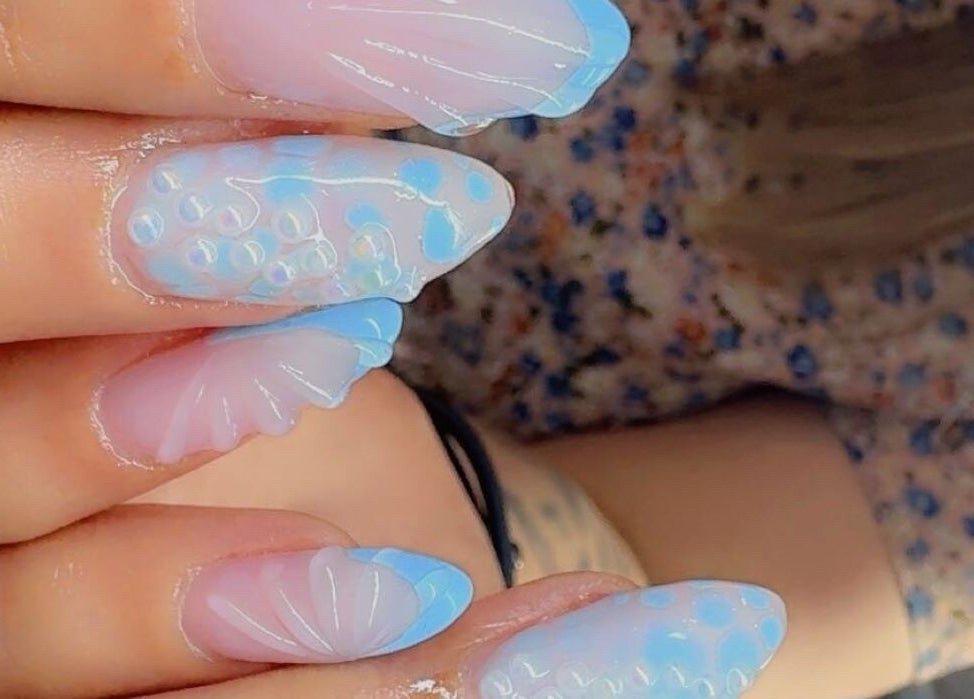 Elegant blue and pink nail art at Beauty with Grace Rolleston, Rolleston, Canterbury, NZ.