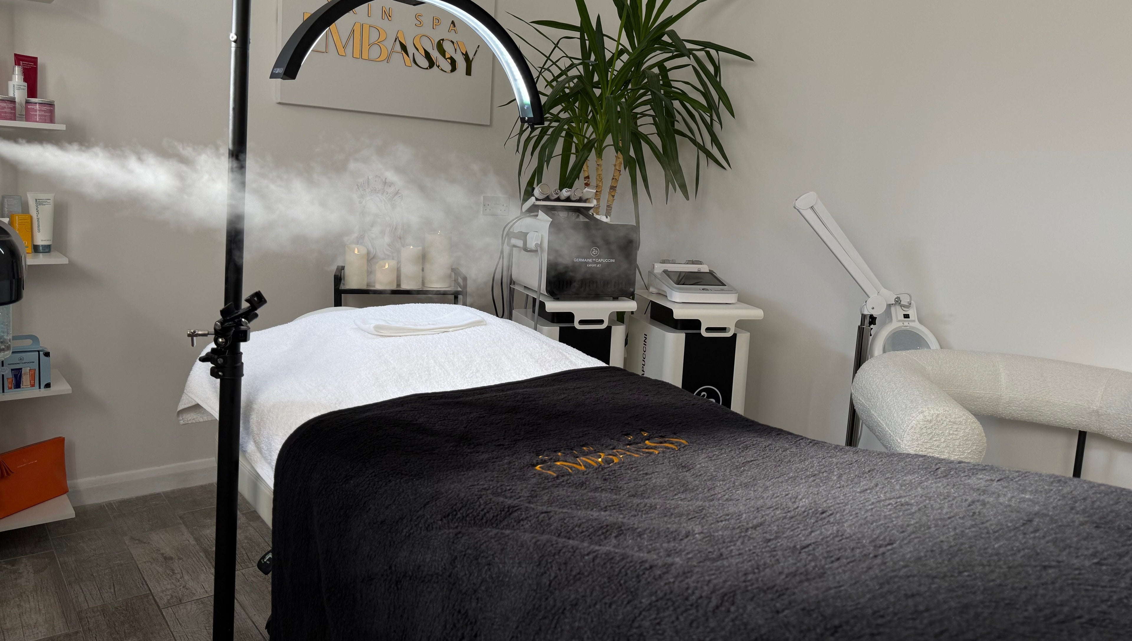Relaxing treatment room at Skin Spa Embassy, Northampton, England, GB with a steaming facial machine.