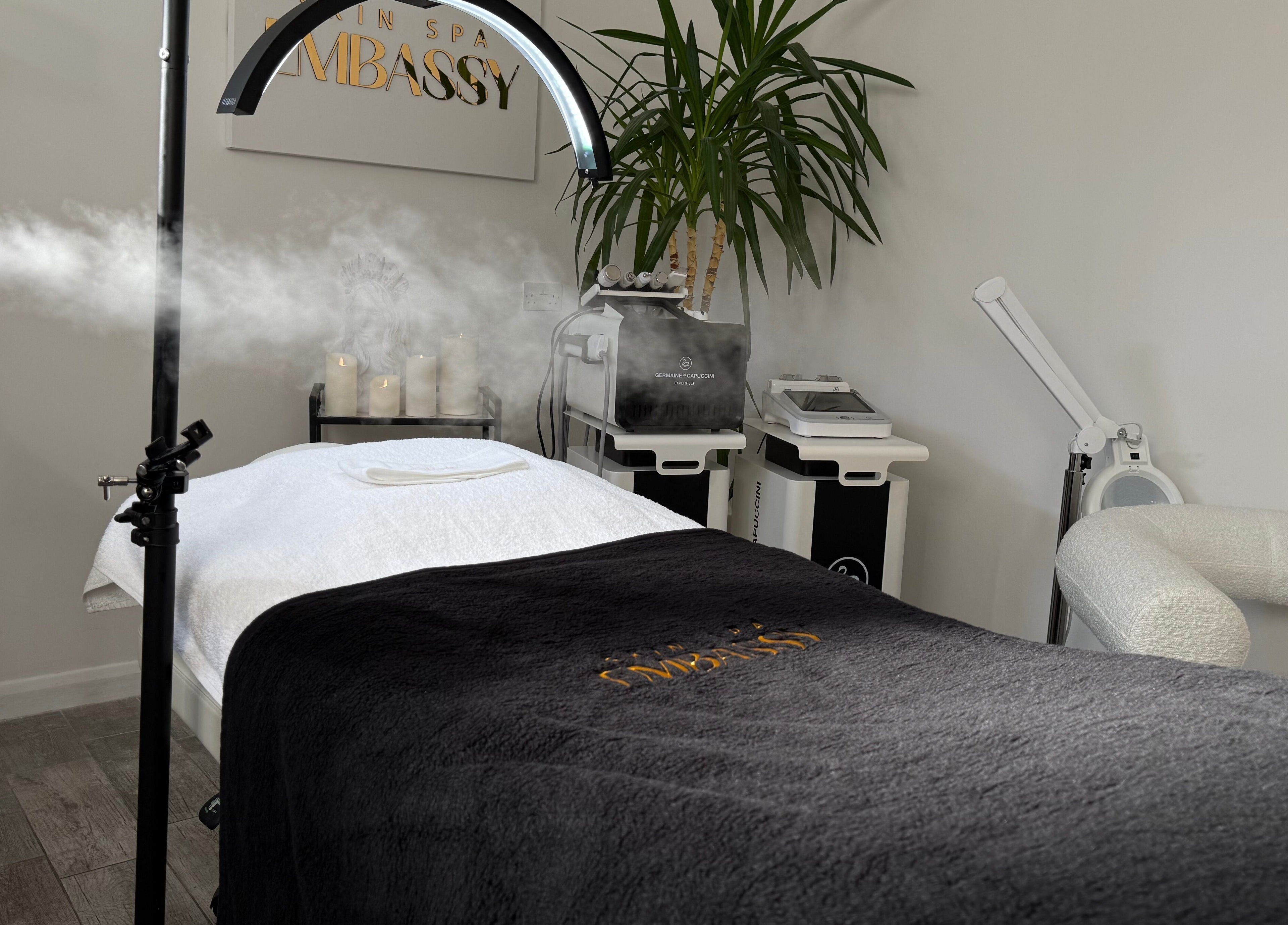 Relaxing treatment room at Skin Spa Embassy, Northampton, England, GB with a steaming facial machine.