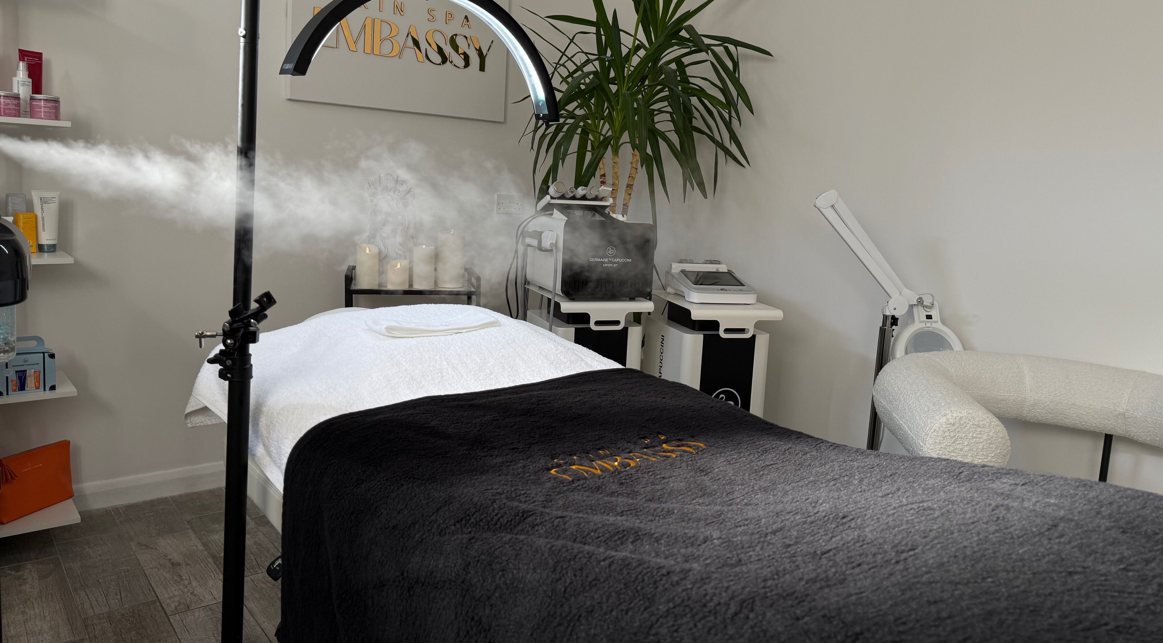 Relaxing treatment room at Skin Spa Embassy, Northampton, England, GB with a steaming facial machine.