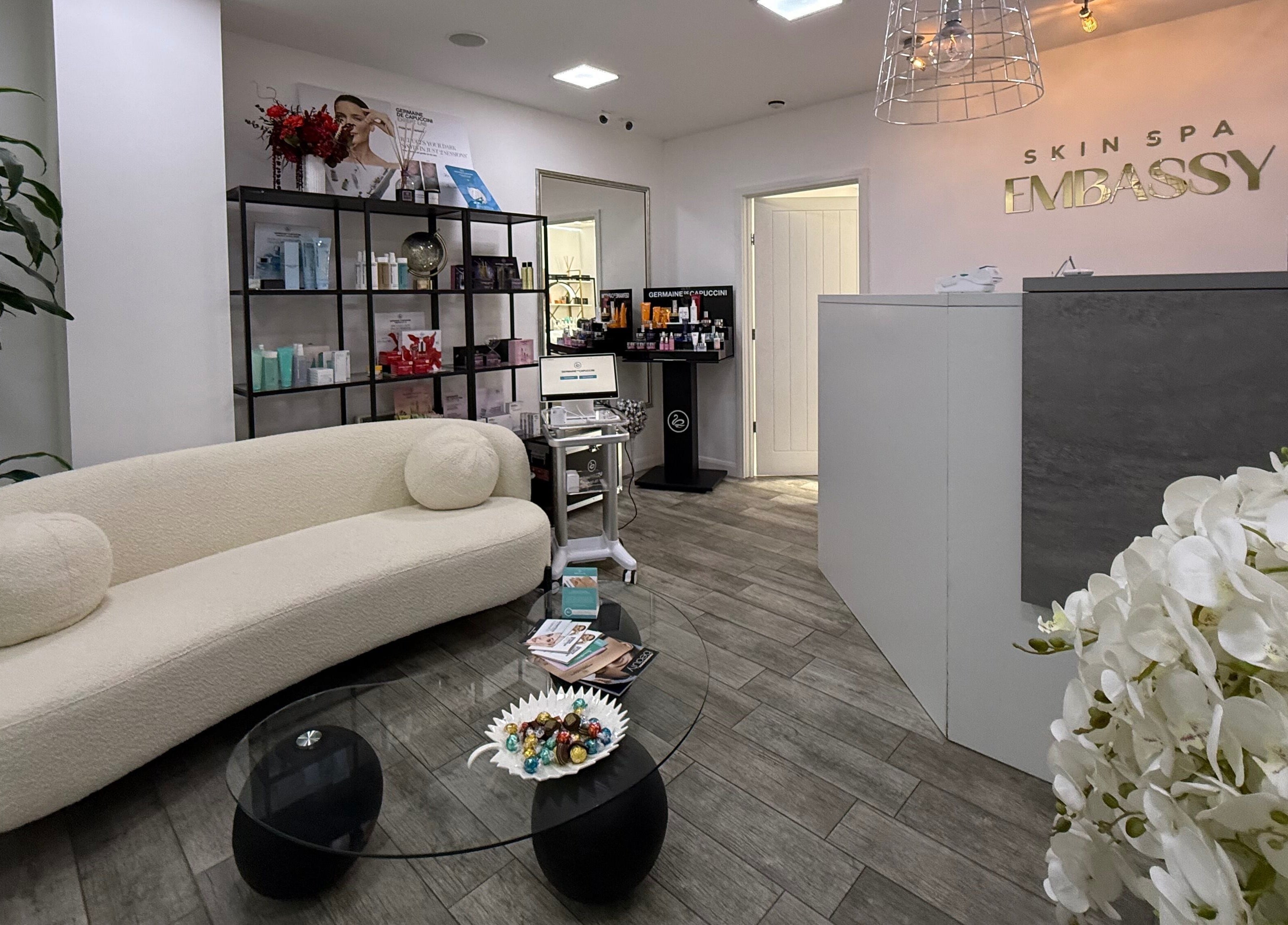 Welcoming interior of Skin Spa Embassy in Northampton, England, GB featuring a stylish lounge and reception area.
