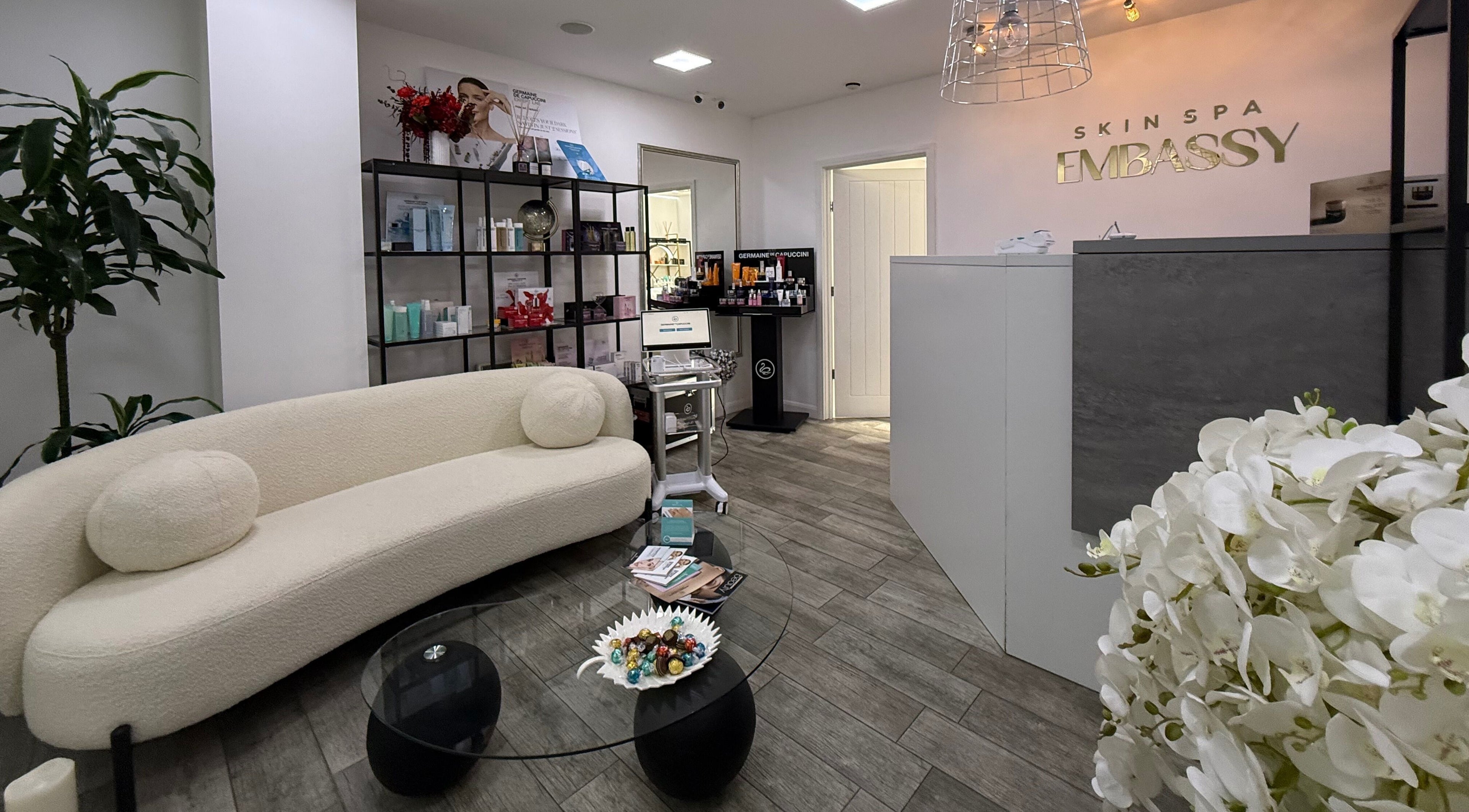 Welcoming interior of Skin Spa Embassy in Northampton, England, GB featuring a stylish lounge and reception area.