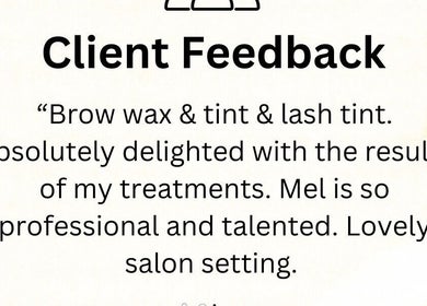 Client feedback praising brow and lash tint services at Bumble Bee Bee-auty, Dukinfield, England, GB.