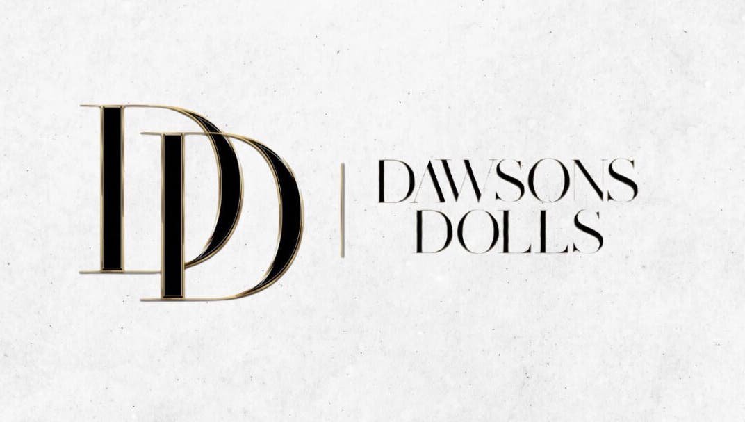 Dawsons Dolls logo featuring stylish black and gold text in Enfield, England, GB.