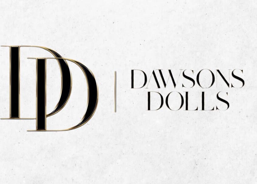 Dawsons Dolls logo featuring stylish black and gold text in Enfield, England, GB.