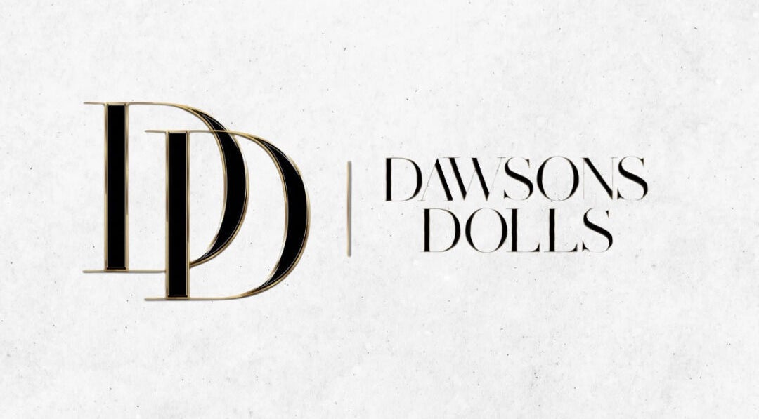 Dawsons Dolls logo featuring stylish black and gold text in Enfield, England, GB.