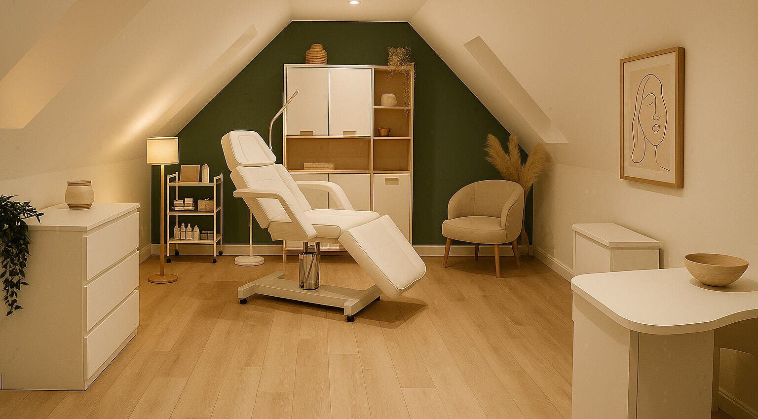 Elegant treatment room at AH Aesthetics, Assington, England, GB, with modern decor and soothing ambiance.