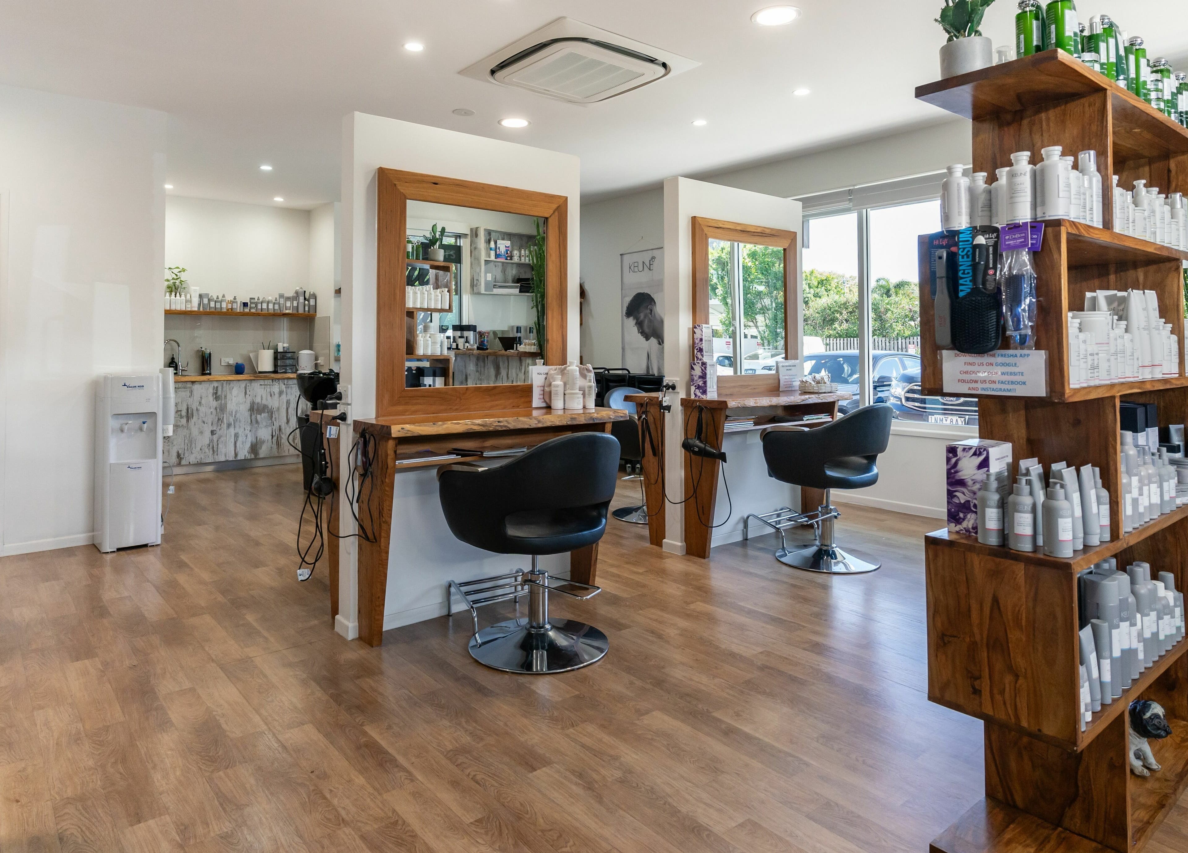 Modern interior of Rock Paper Scissors Hair and Beauty in Mount Coolum, Queensland, AU, showcasing salon stations.