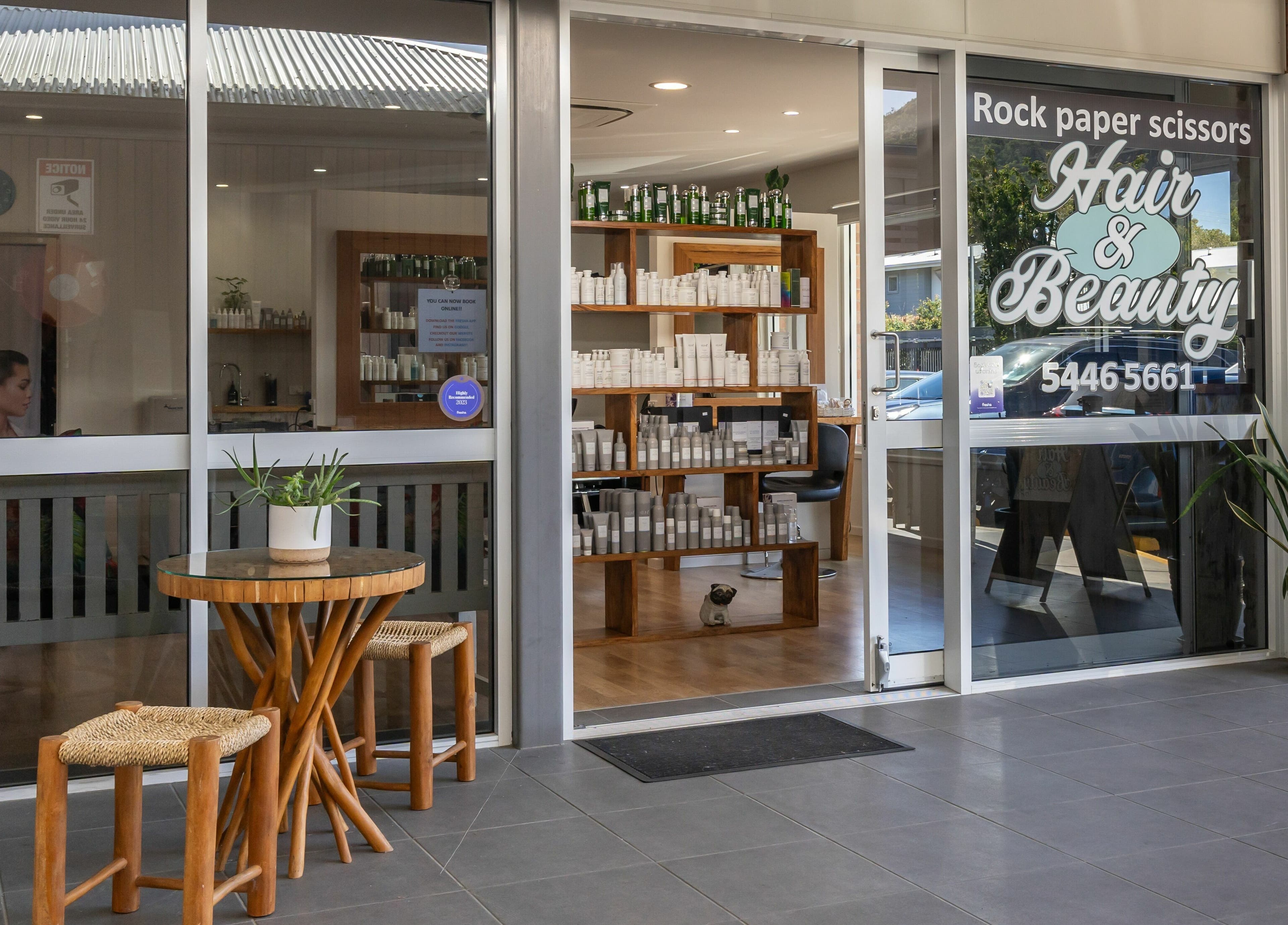 Rock Paper Scissors Hair and Beauty entrance in Mount Coolum, Queensland, AU with stylish decor.