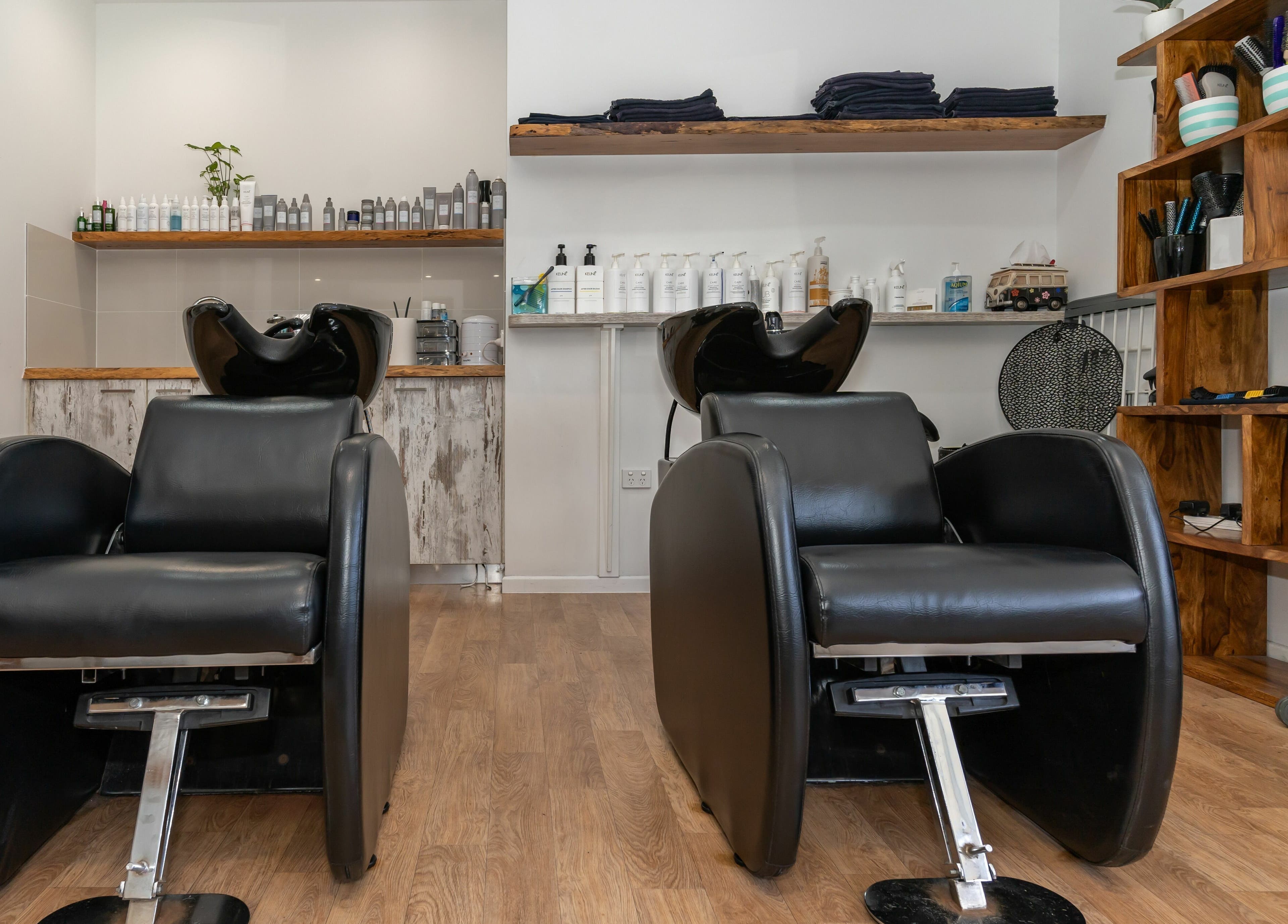 Luxury salon chairs at Rock Paper Scissors Hair and Beauty, Mount Coolum, Queensland, AU.