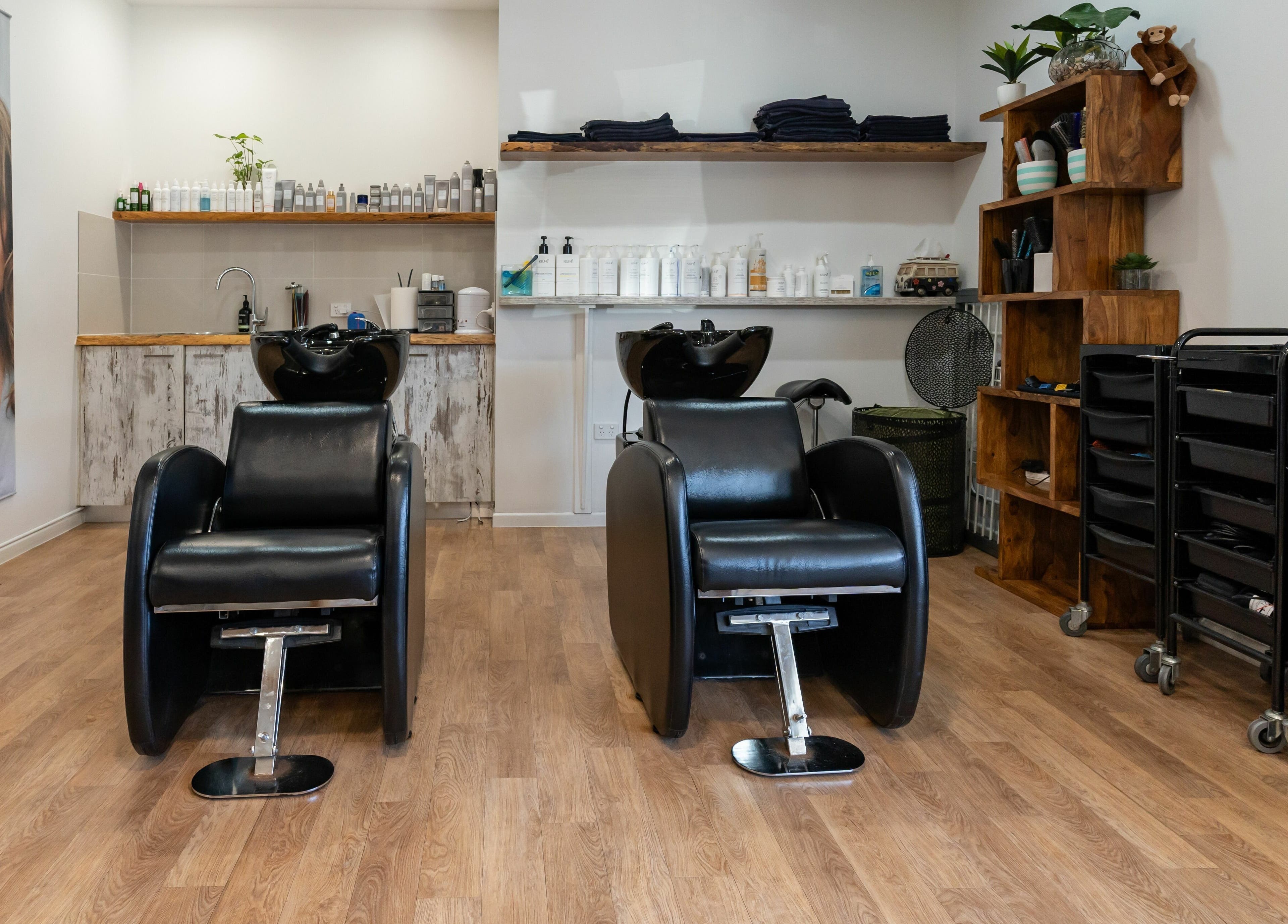 Modern salon chairs at Rock Paper Scissors Hair and Beauty, Mount Coolum, Queensland, AU.