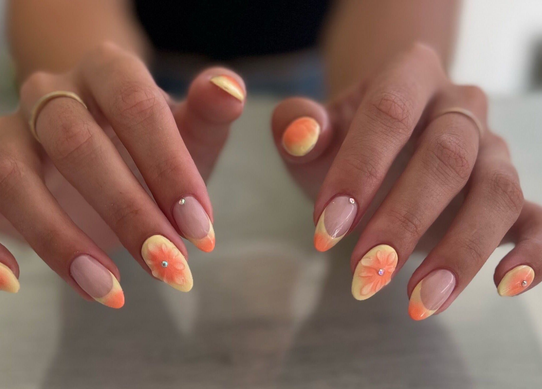 Vibrant sunset nail art at Beauty by Design, Gqeberha, Eastern Cape, ZA.