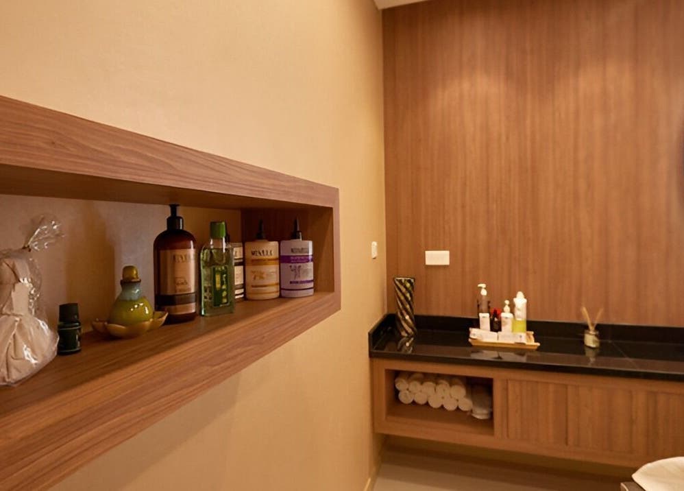Shelves with beauty products at The ZUU Ladies Massage Spa Lounge, Dubai, Dubai, AE.