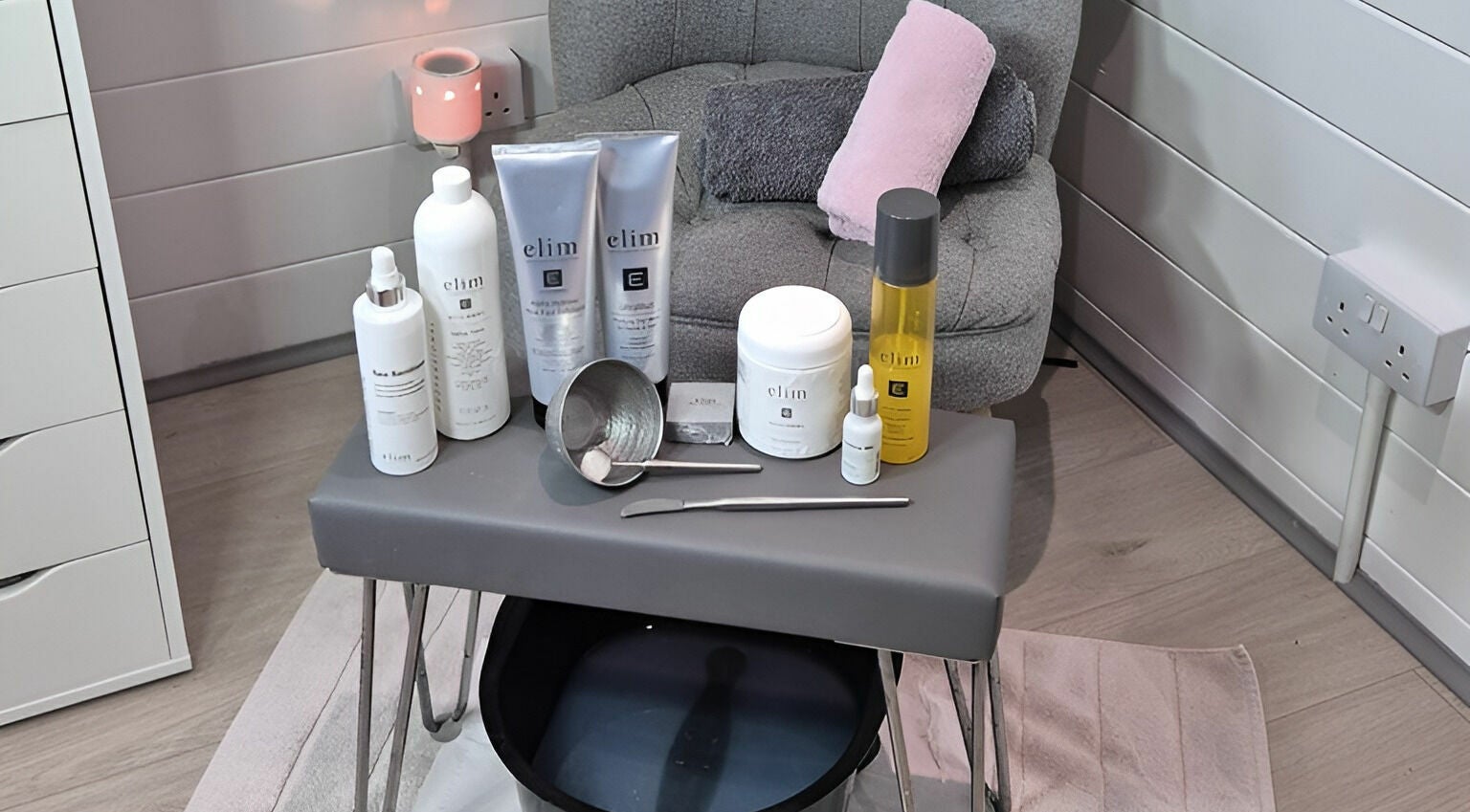 Elim beauty products arranged neatly in Beautopia, BANFF, GB for skincare treatments.