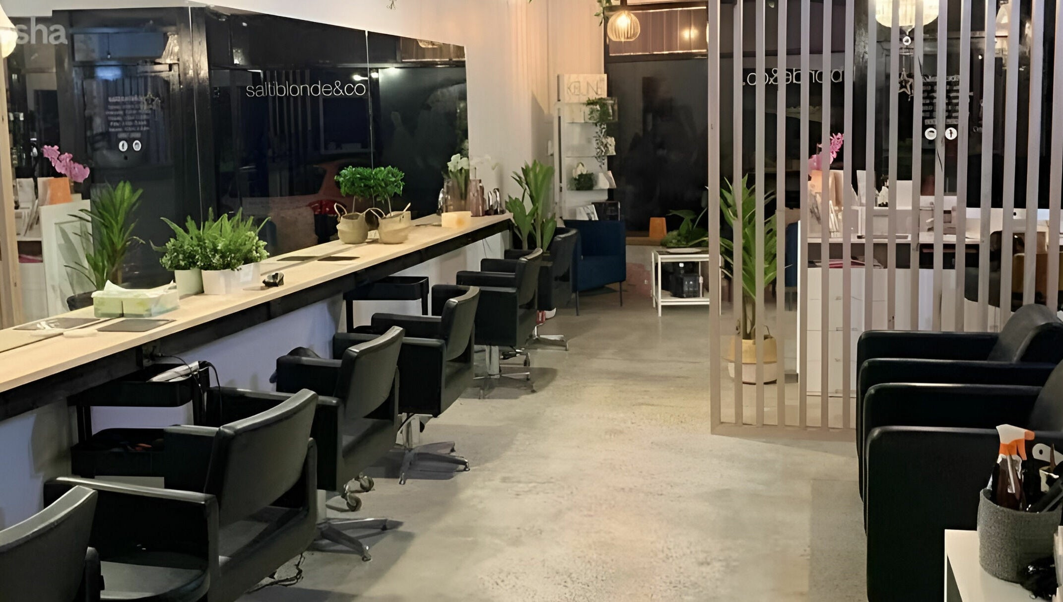Modern salon setup at Salti Blonde and Co. in Melbourne, Victoria, AU, featuring sleek chairs and lush plants.