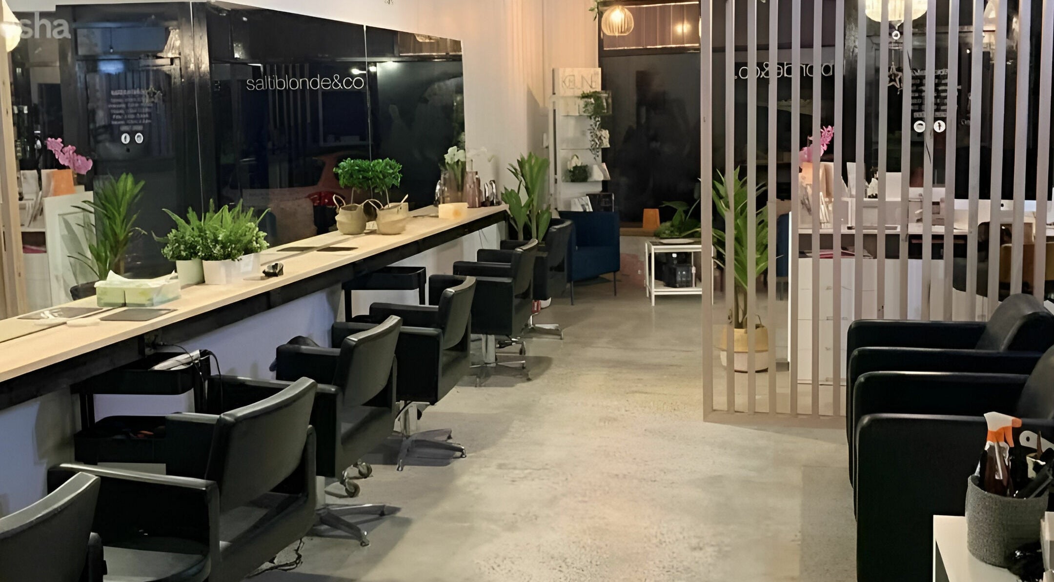 Modern salon setup at Salti Blonde and Co. in Melbourne, Victoria, AU, featuring sleek chairs and lush plants.
