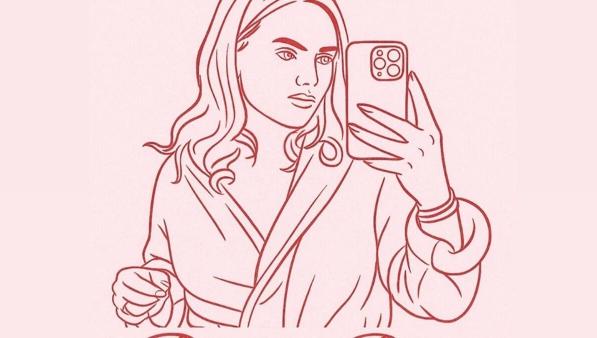 Illustration of a woman taking a selfie, showcasing nail art at Ruby Rae Nails, Walton-on-the-Naze, England, GB.