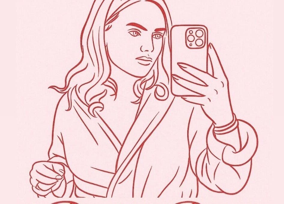 Illustration of a woman taking a selfie, showcasing nail art at Ruby Rae Nails, Walton-on-the-Naze, England, GB.