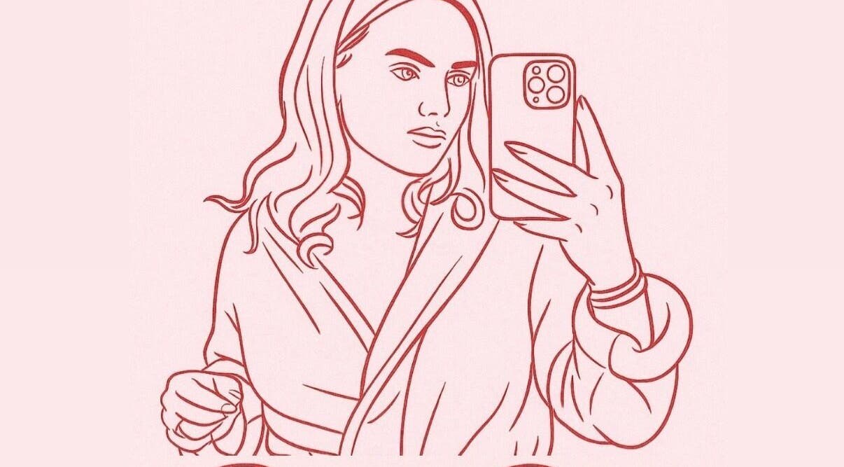 Illustration of a woman taking a selfie, showcasing nail art at Ruby Rae Nails, Walton-on-the-Naze, England, GB.